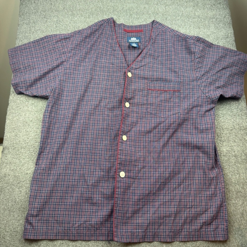 Stafford Pajama Top Mens Large Blue Red Plaid Short Sleeve Button Up Sleep Shirt